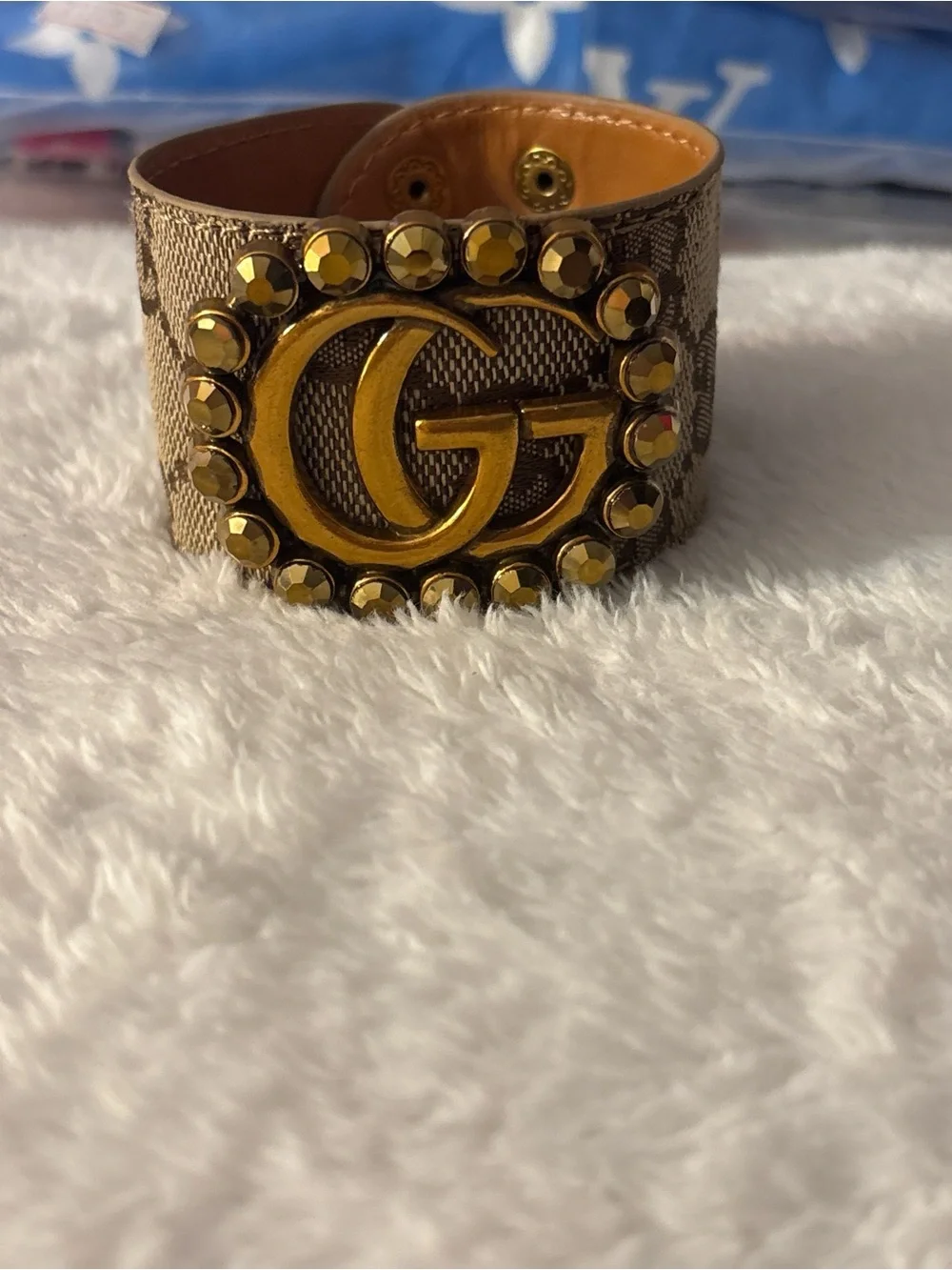 Gold-Tone GG Crystal Monogram Cuff Bracelet - Beige
